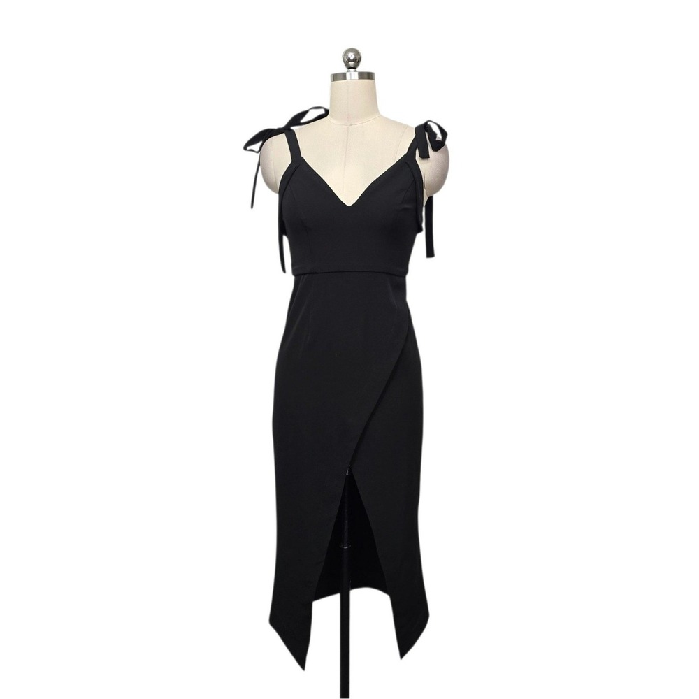 Shona Joy Black Tie Strap V-Neck Wrap Tulip Hem Midi Dress Size 2